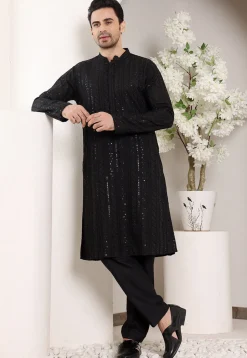 Embroidered Viscose Silk Kurta in Black