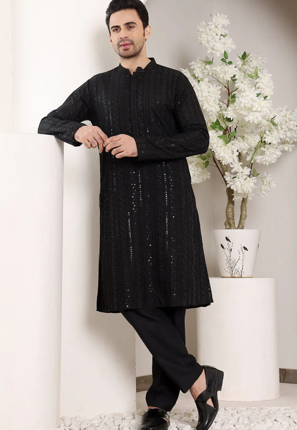 Embroidered Viscose Silk Kurta in Black