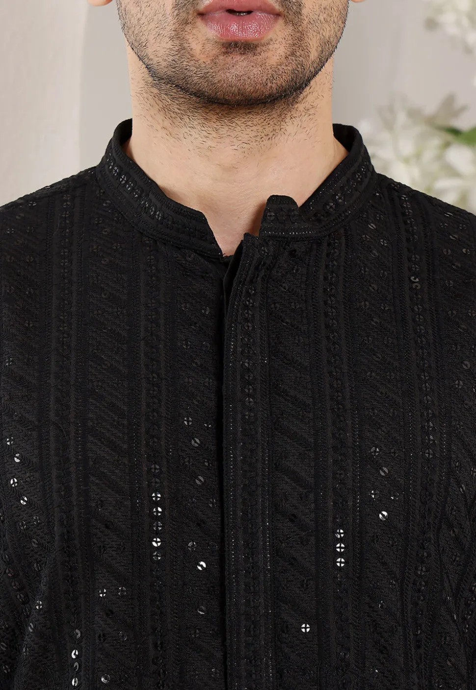 Embroidered Viscose Silk Kurta in Black