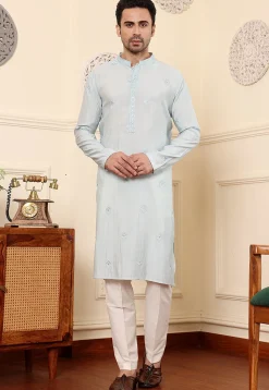 Embroidered Viscose Silk Kurta Set in Light Blue