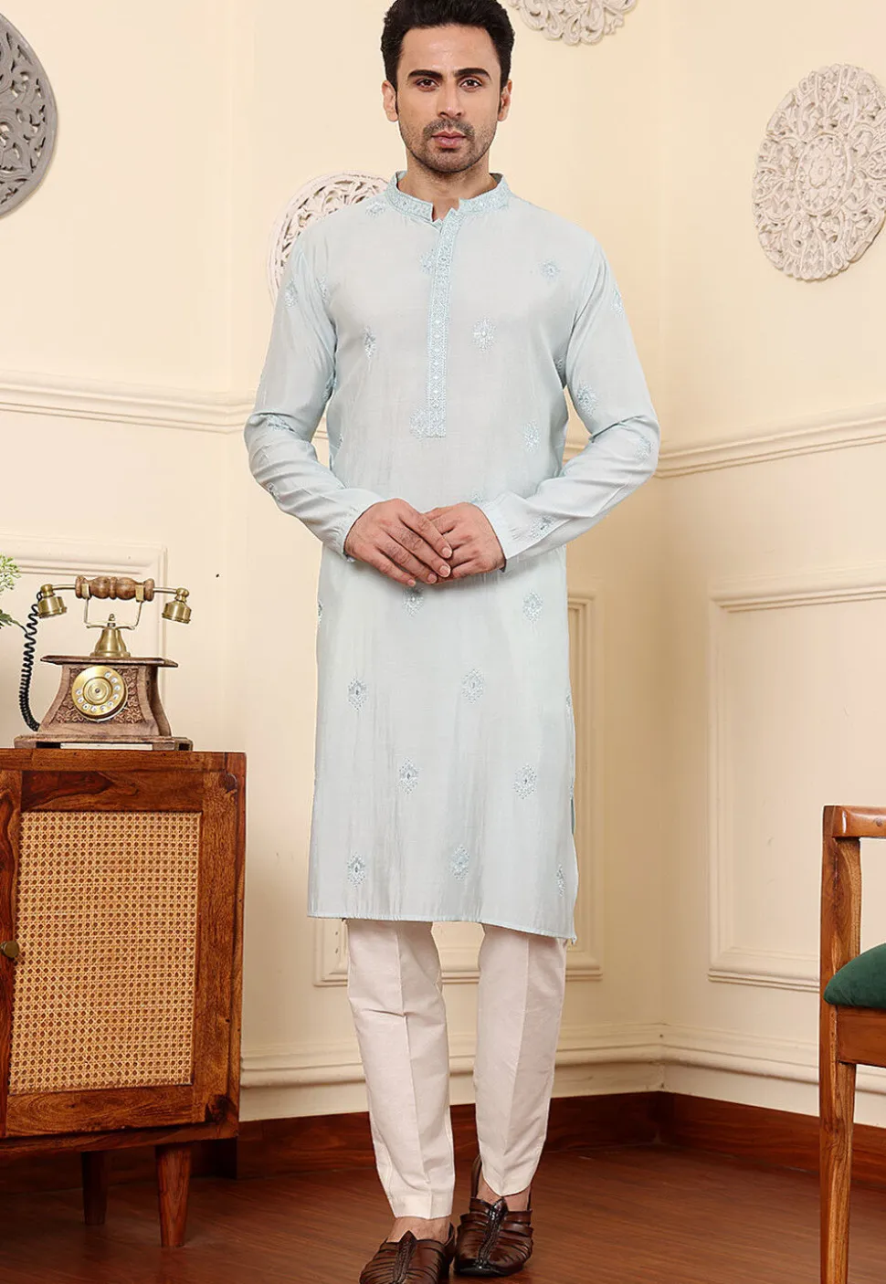Embroidered Viscose Silk Kurta Set in Light Blue