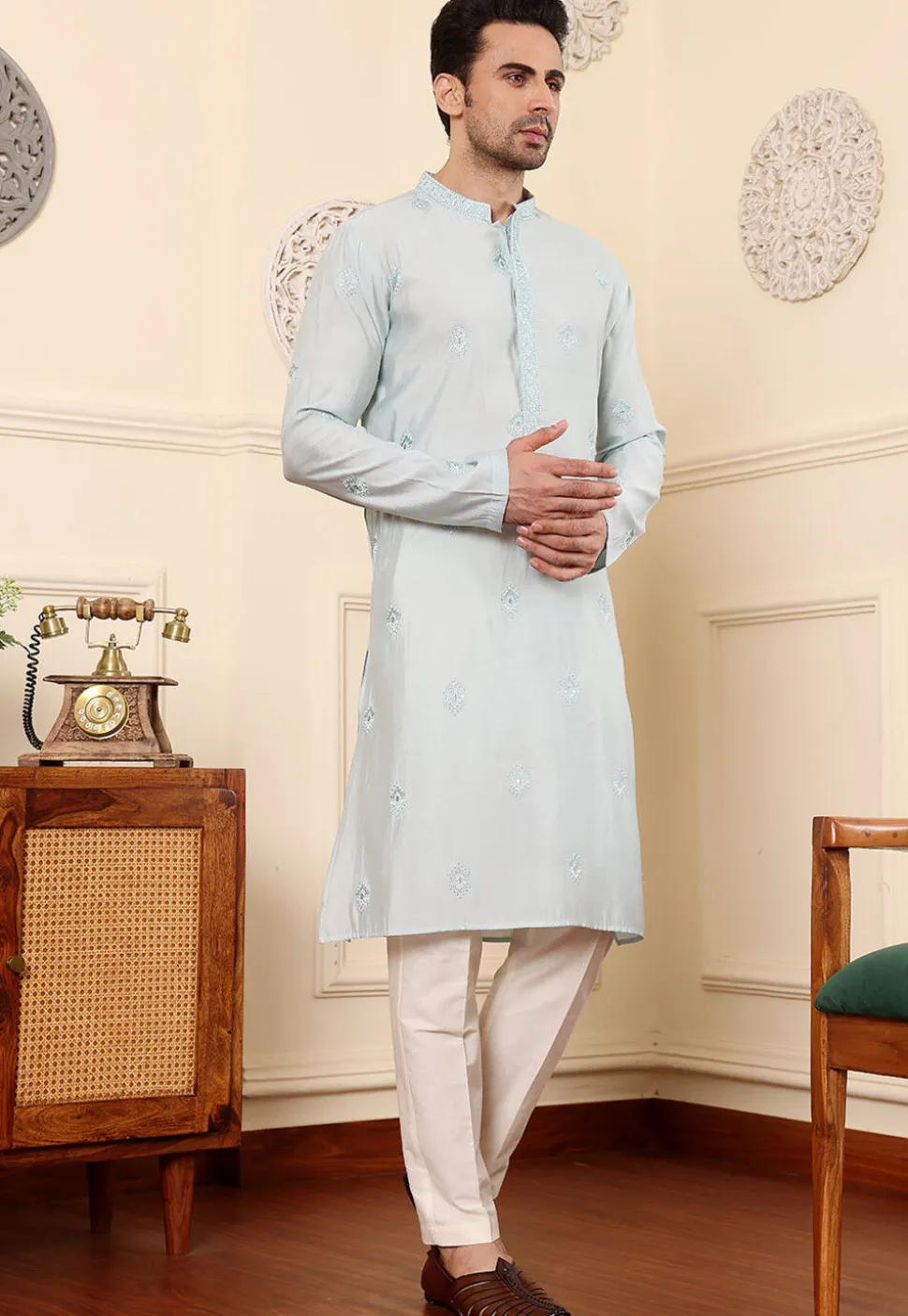 Embroidered Viscose Silk Kurta Set in Light Blue