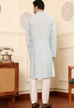 Embroidered Viscose Silk Kurta Set in Light Blue