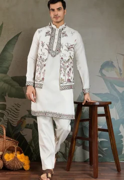 Embroidered Viscose Silk Kurta Set in Off White