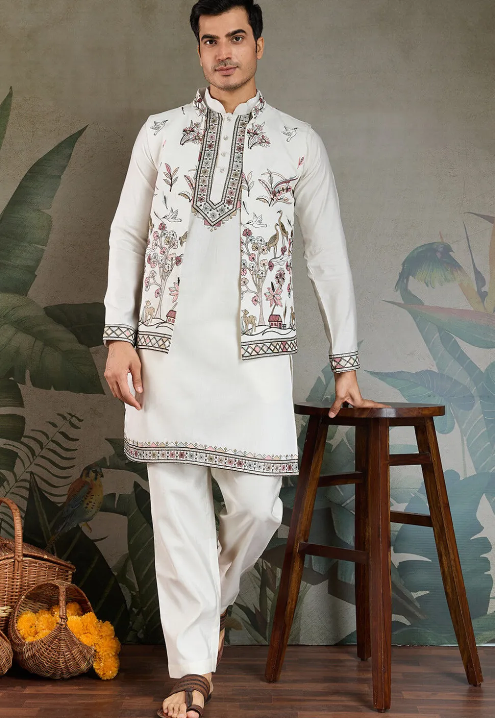 Embroidered Viscose Silk Kurta Set in Off White