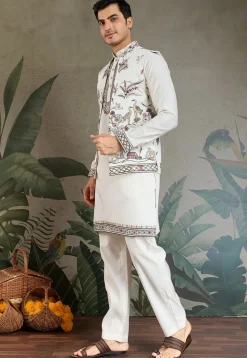 Embroidered Viscose Silk Kurta Set in Off White
