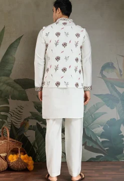 Embroidered Viscose Silk Kurta Set in Off White