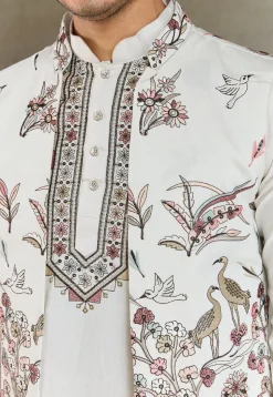 Embroidered Viscose Silk Kurta Set in Off White