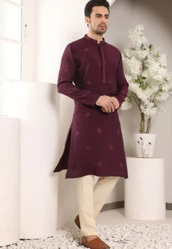 Embroidered Viscose Silk Kurta Set in Violet
