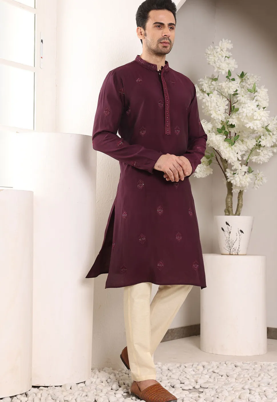 Embroidered Viscose Silk Kurta Set in Violet