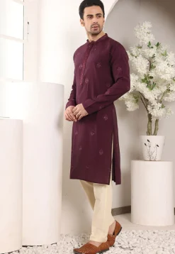 Embroidered Viscose Silk Kurta Set in Violet