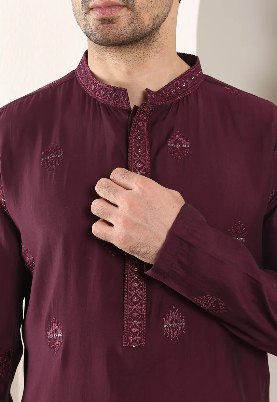 Embroidered Viscose Silk Kurta Set in Violet