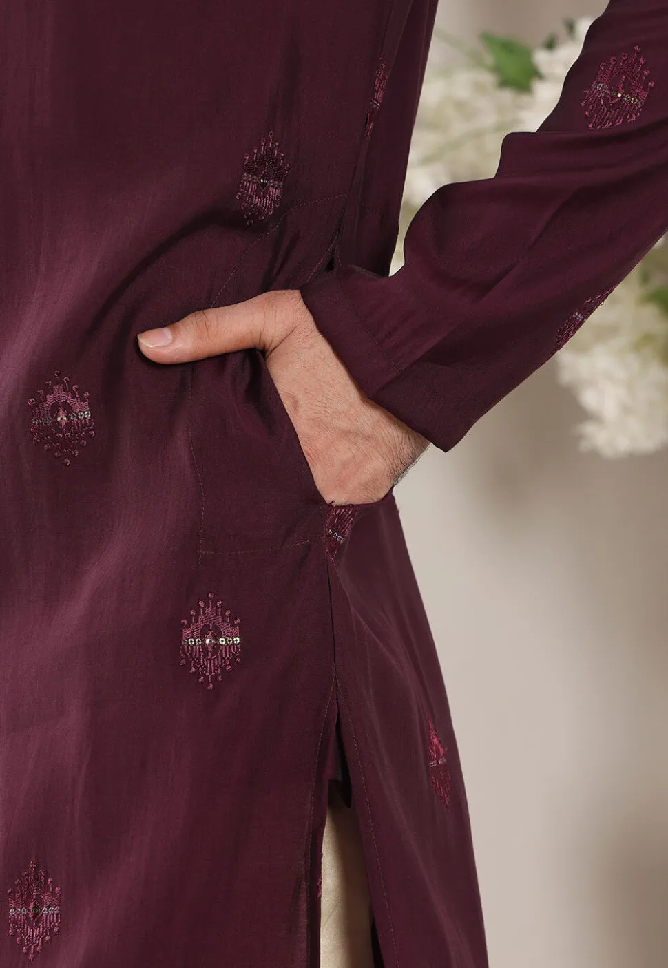 Embroidered Viscose Silk Kurta Set in Violet