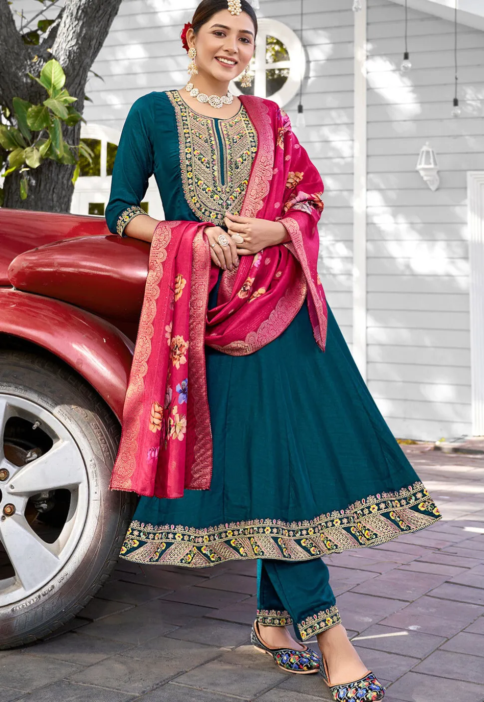 Embroidered Viscose Silk Anarkali Suit in Teal Blue