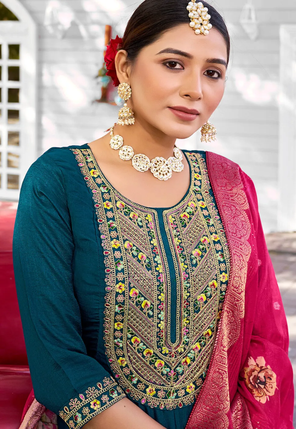 Embroidered Viscose Silk Anarkali Suit in Teal Blue