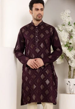 Embroidered Viscose Silk Kurta in Violet