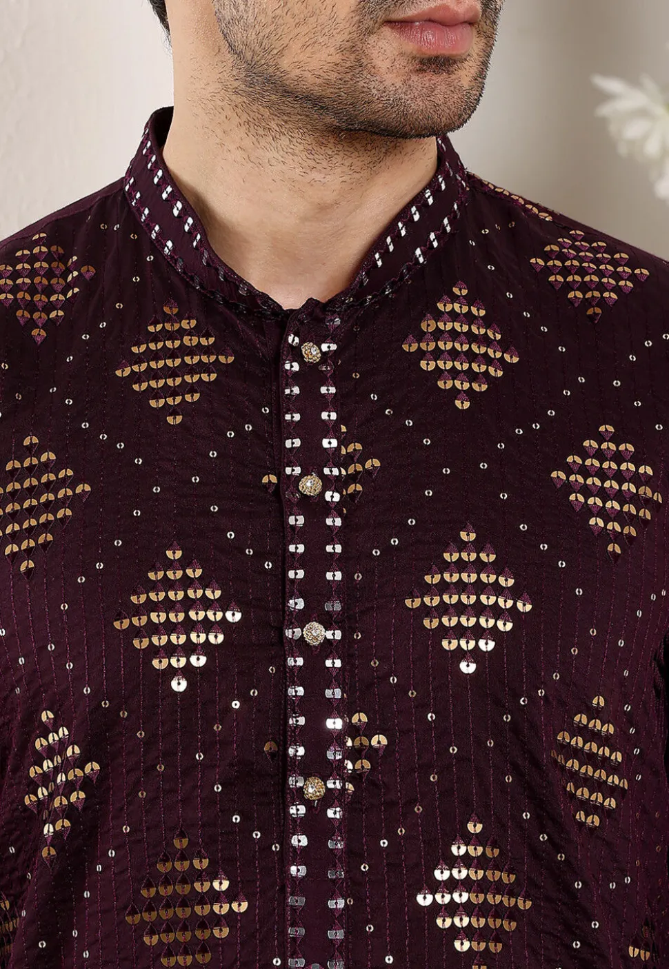 Embroidered Viscose Silk Kurta in Violet