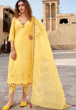 Embroidered Viscose Silk Pakistani Suit in Yellow