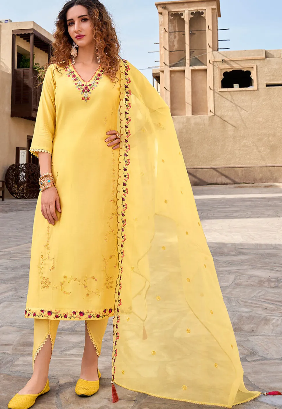 Embroidered Viscose Silk Pakistani Suit in Yellow