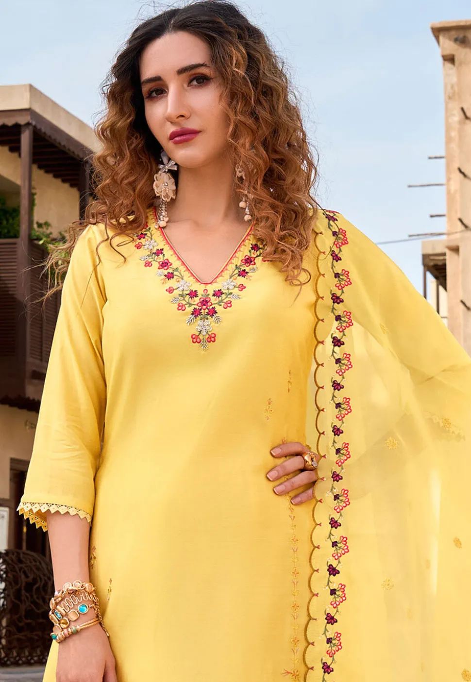 Embroidered Viscose Silk Pakistani Suit in Yellow