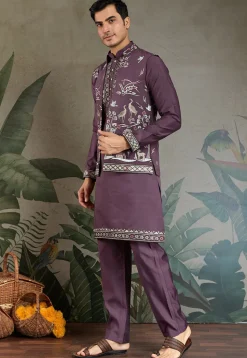 Embroidered Viscose Silk Kurta Set in Purple