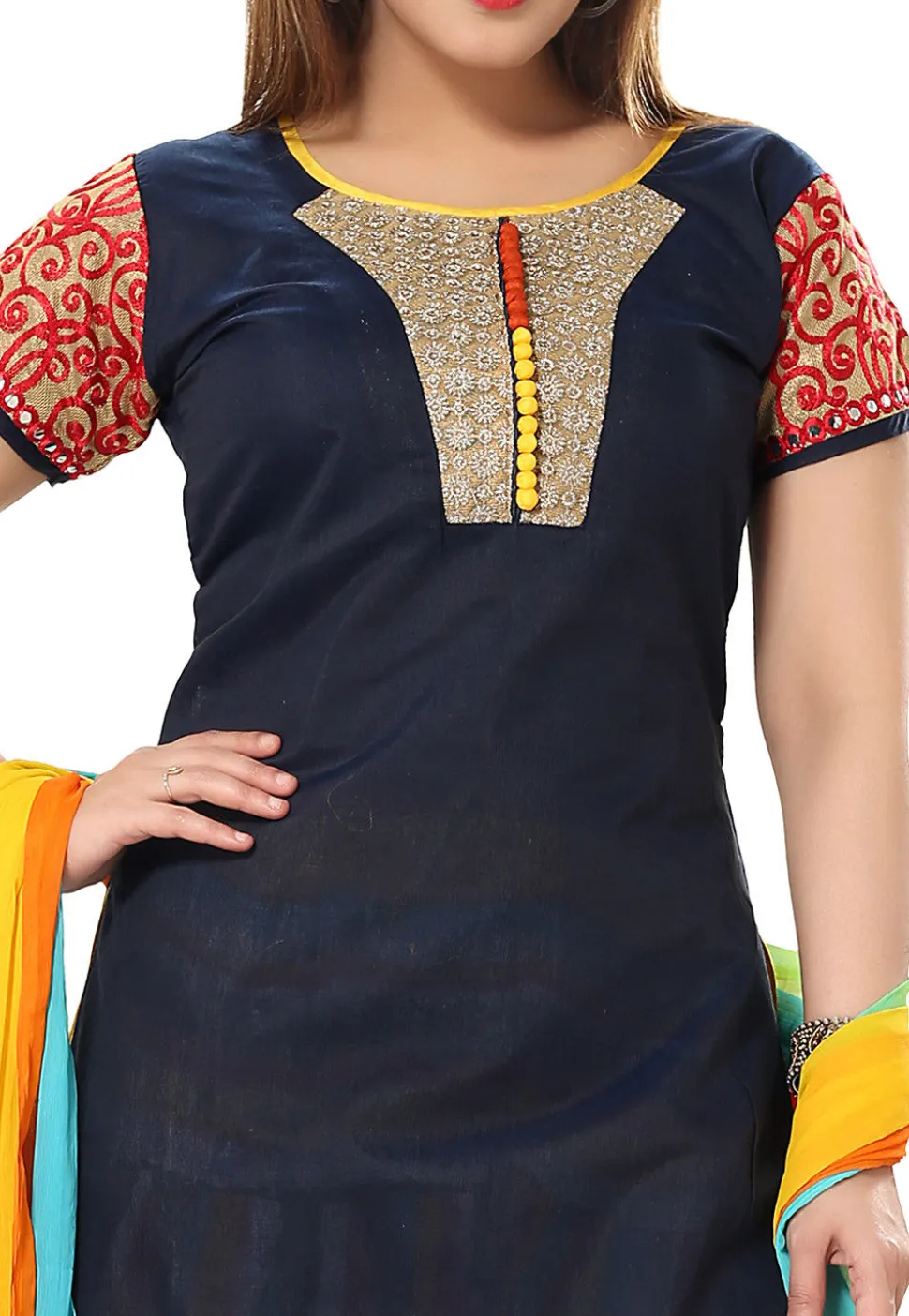 Embroidered Yoke Chanderi Silk Punjabi Suit in Navy Blue
