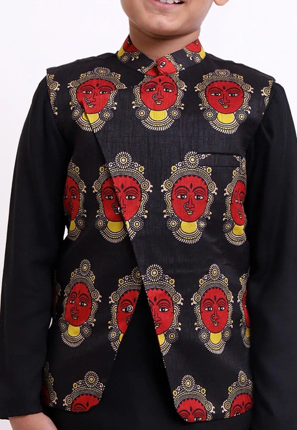 Face Printed Rayon Kurta Jacket Set in Black