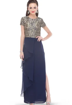 Flared Slit Brocade and Georgette Dress in Navy Blue