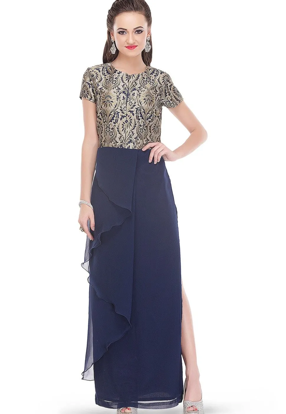 Flared Slit Brocade and Georgette Dress in Navy Blue