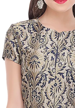 Flared Slit Brocade and Georgette Dress in Navy Blue