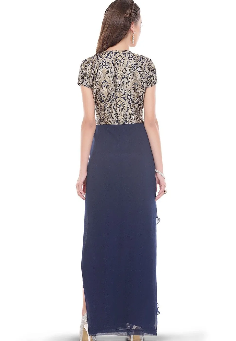 Flared Slit Brocade and Georgette Dress in Navy Blue