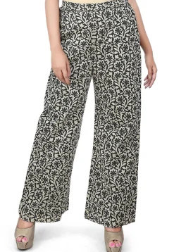 Floral Printed Art Silk Pant in Black and Beige