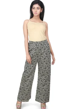 Floral Printed Art Silk Pant in Black and Beige