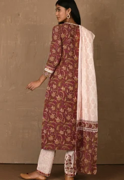 Floral Printed Cotton Pakistani Suit in Maroon
