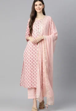 Floral Printed Cotton Pakistani Suit in Pink