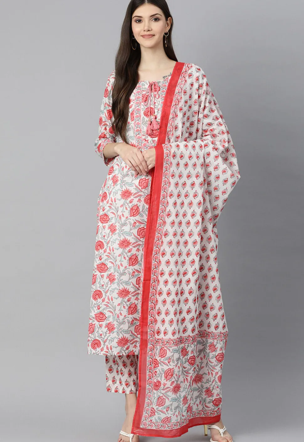 Floral Printed Cotton Pakistani Suit in White