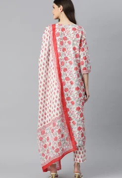 Floral Printed Cotton Pakistani Suit in White