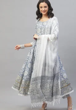 Floral Printed Cotton Pakistani Suit in Light Blue