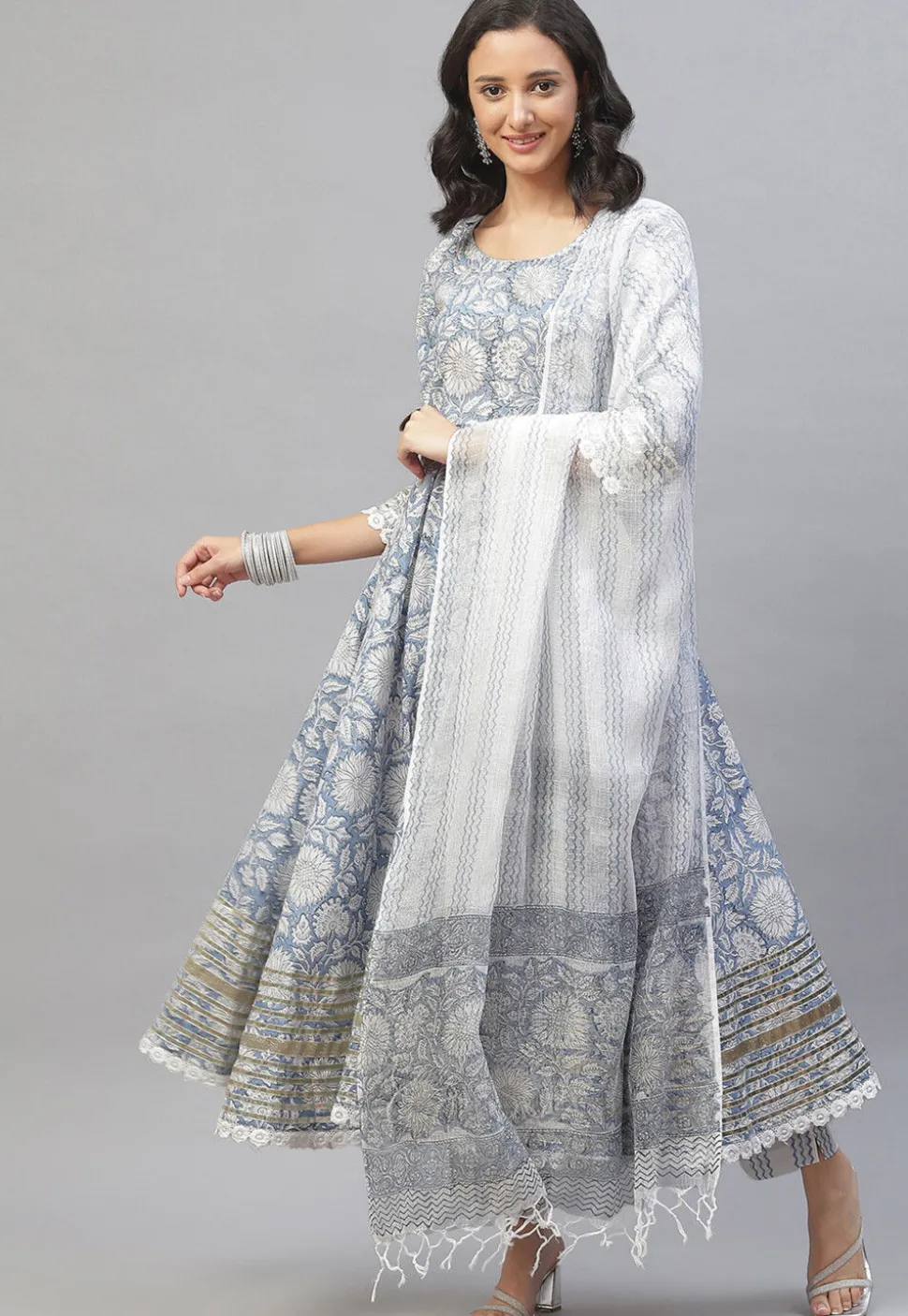 Floral Printed Cotton Pakistani Suit in Light Blue