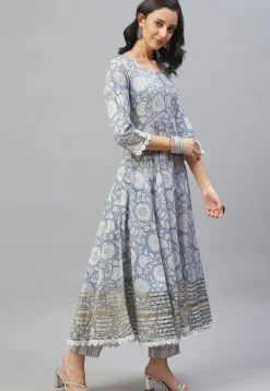 Floral Printed Cotton Pakistani Suit in Light Blue