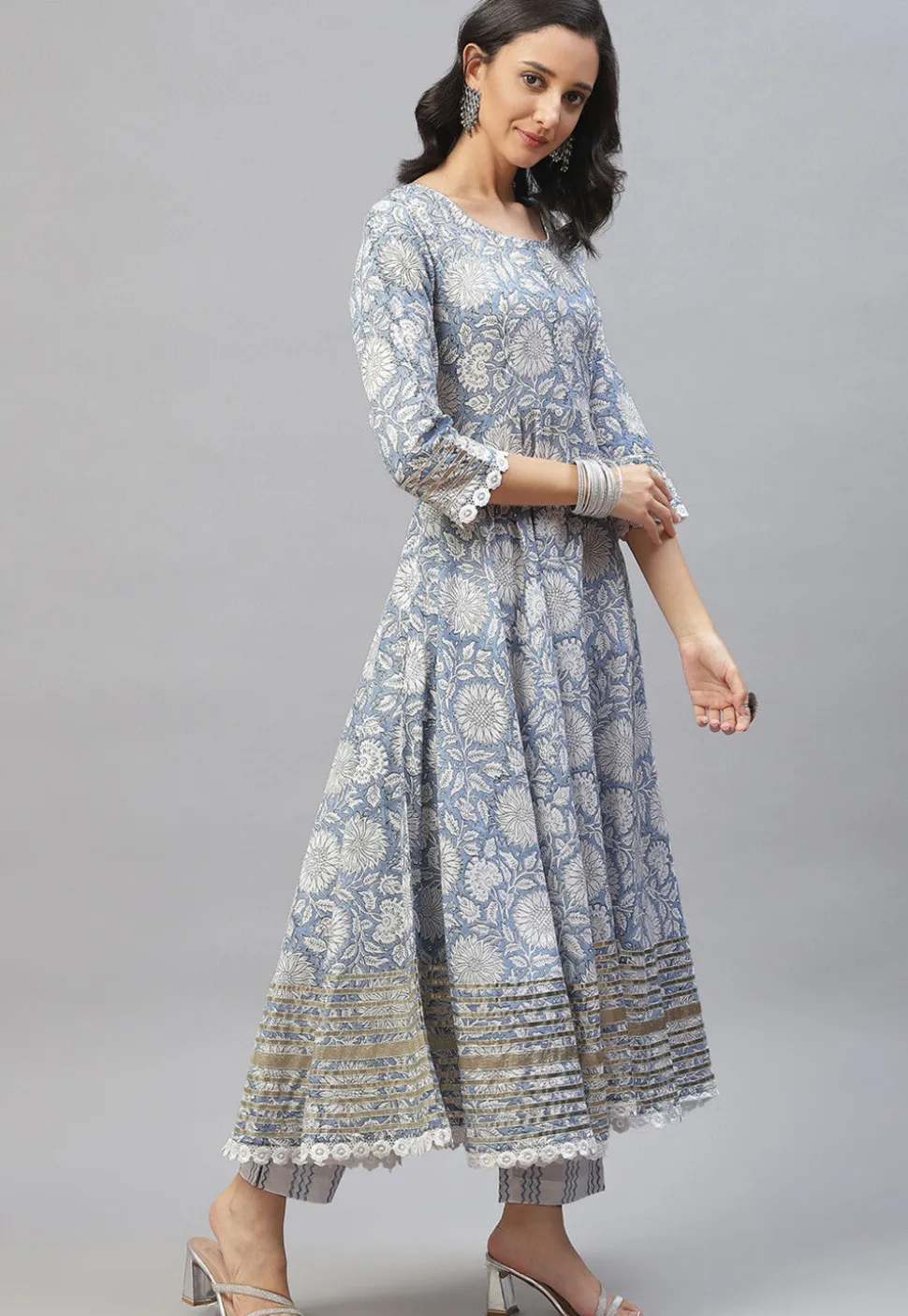 Floral Printed Cotton Pakistani Suit in Light Blue