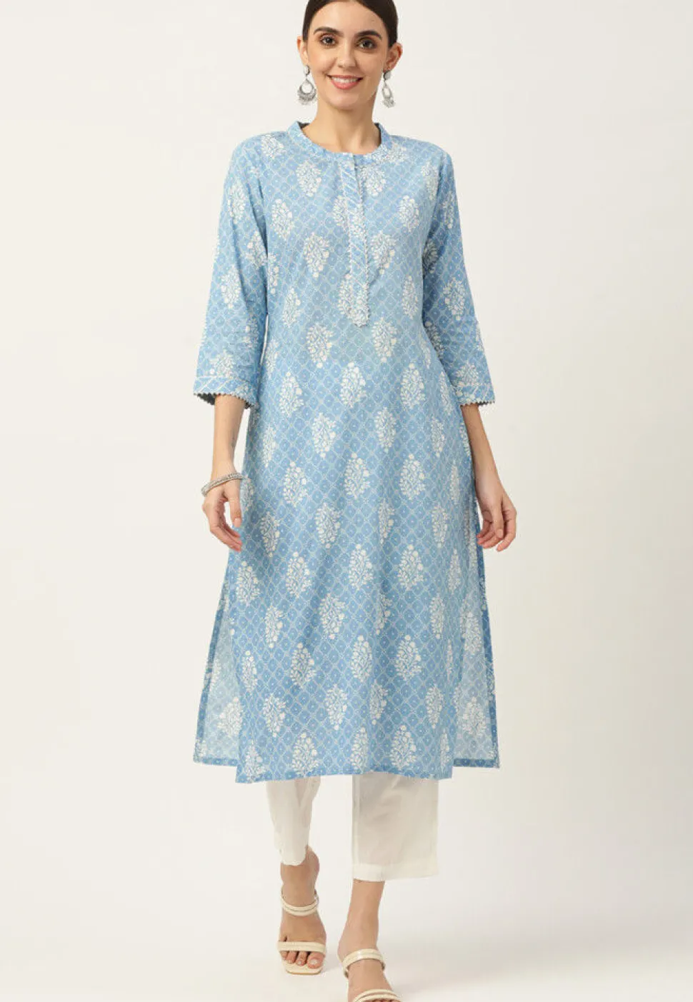 Floral Printed Cotton Straight Cut Kurta in Light Blue