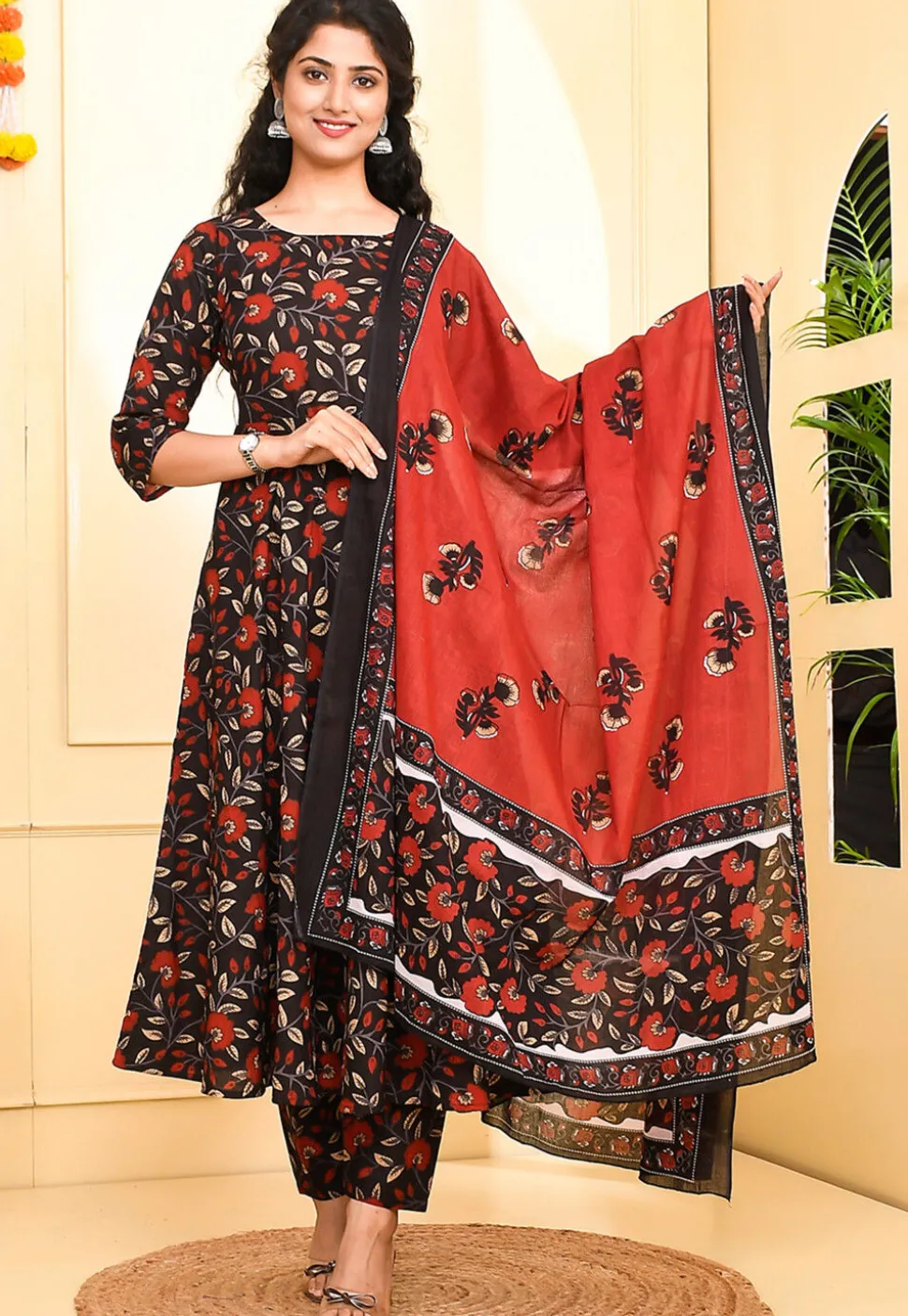 Floral Printed Pure Cotton Anarkali Suit in Black