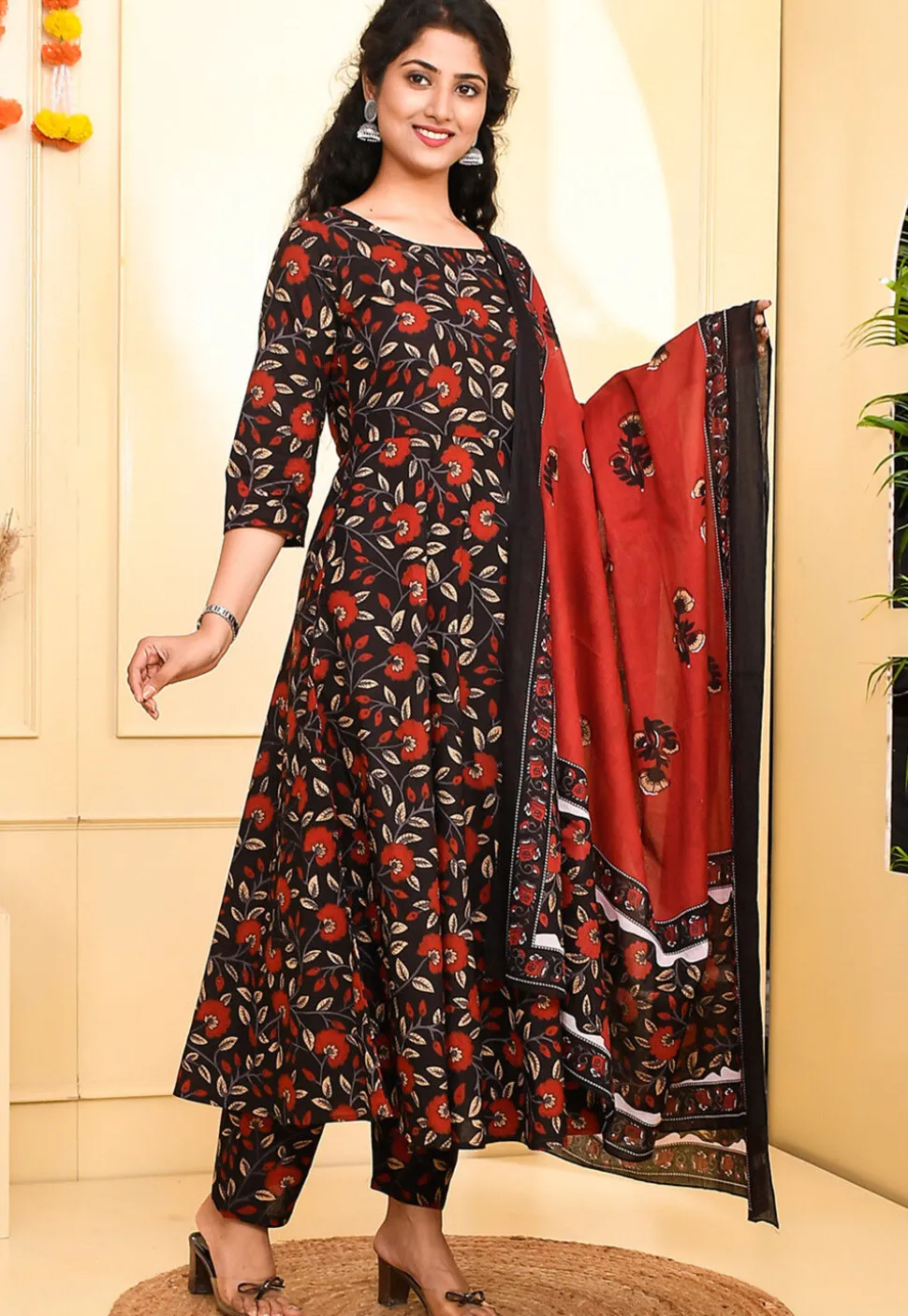 Floral Printed Pure Cotton Anarkali Suit in Black