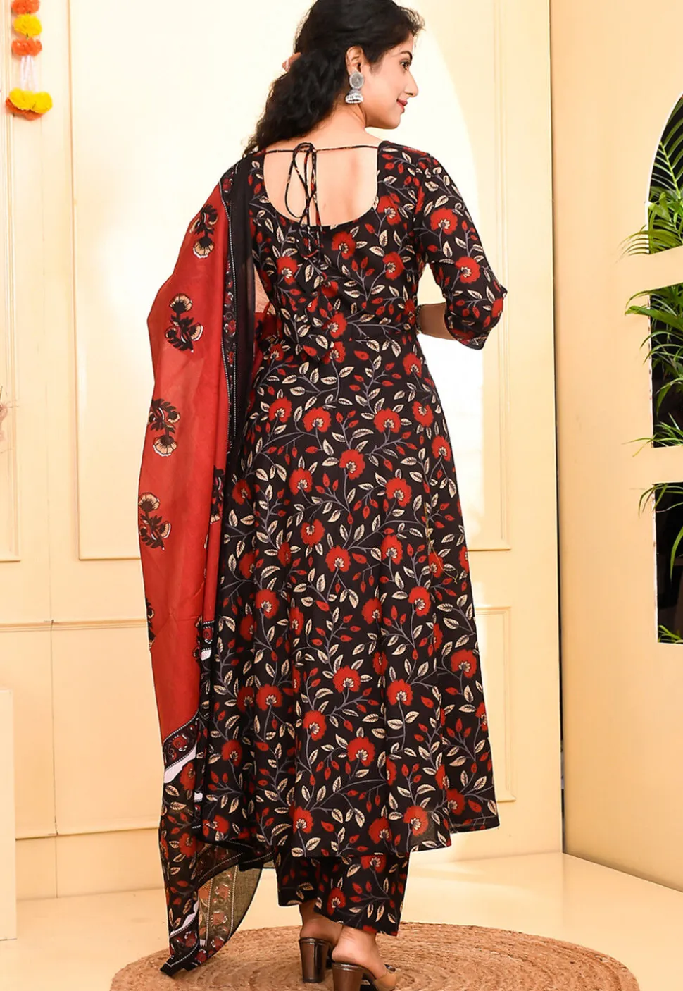 Floral Printed Pure Cotton Anarkali Suit in Black