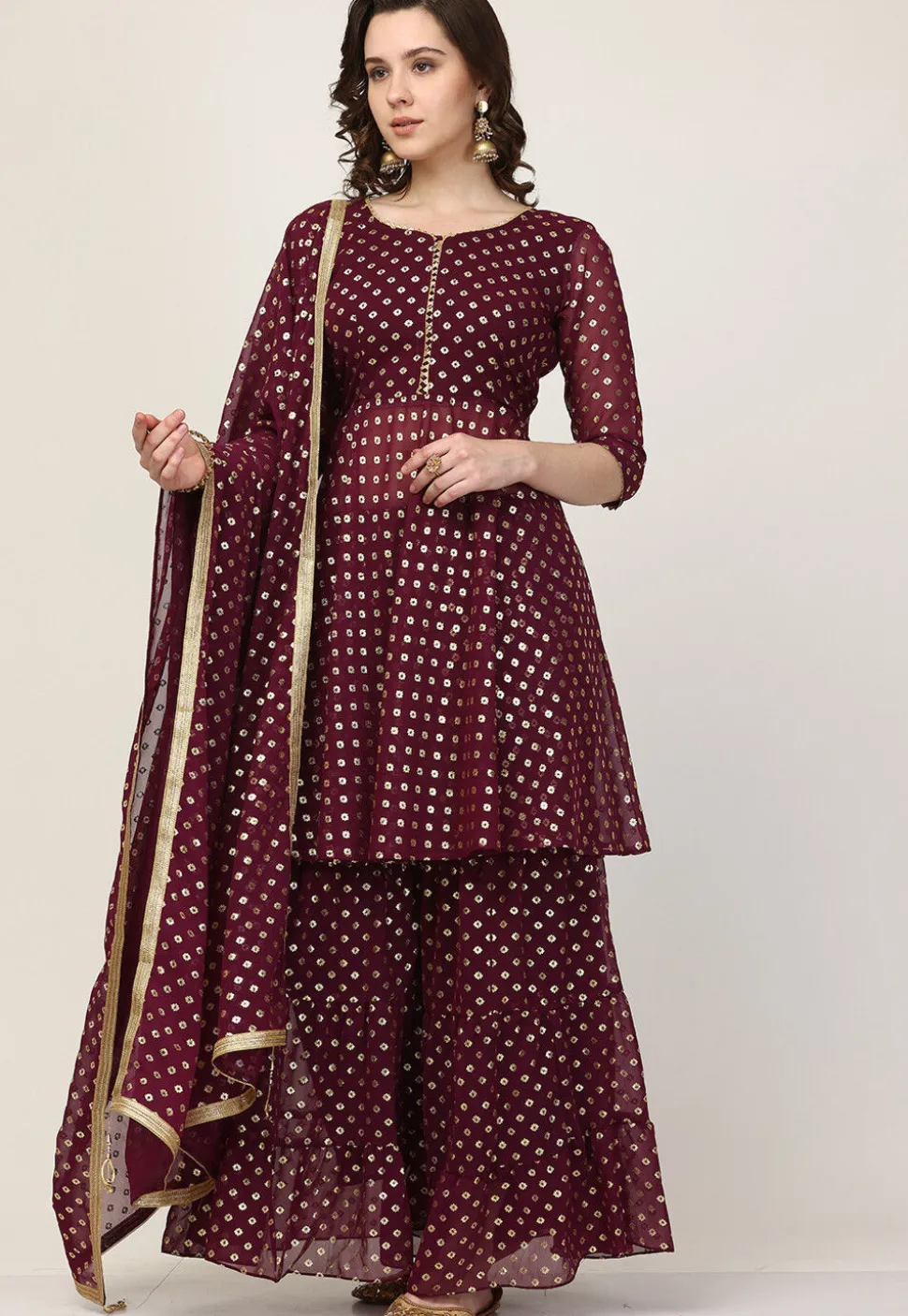 Foil Print Georgette Pakistani Suit in Wine
