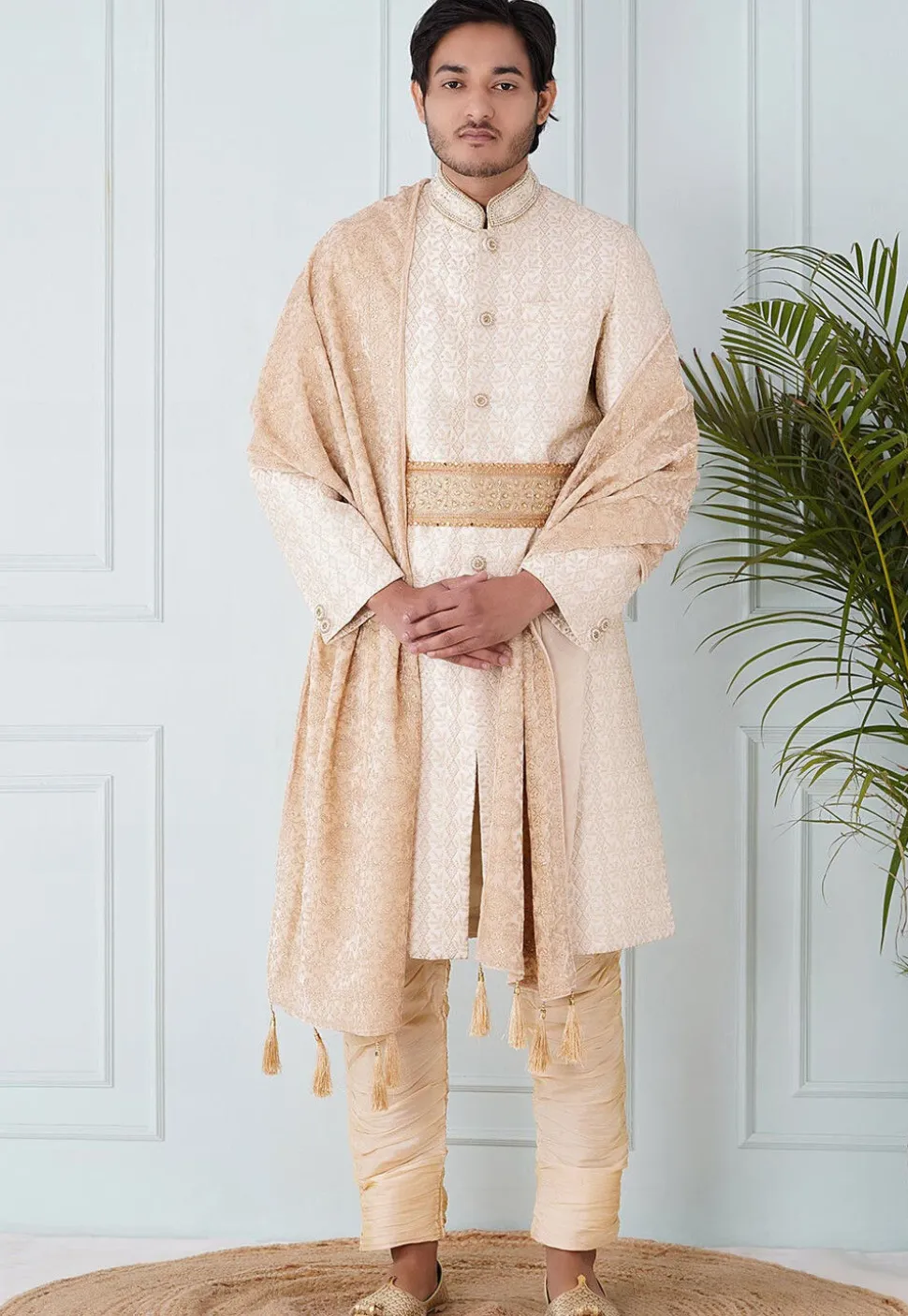 Foil Print Velvet Dupatta in Cream