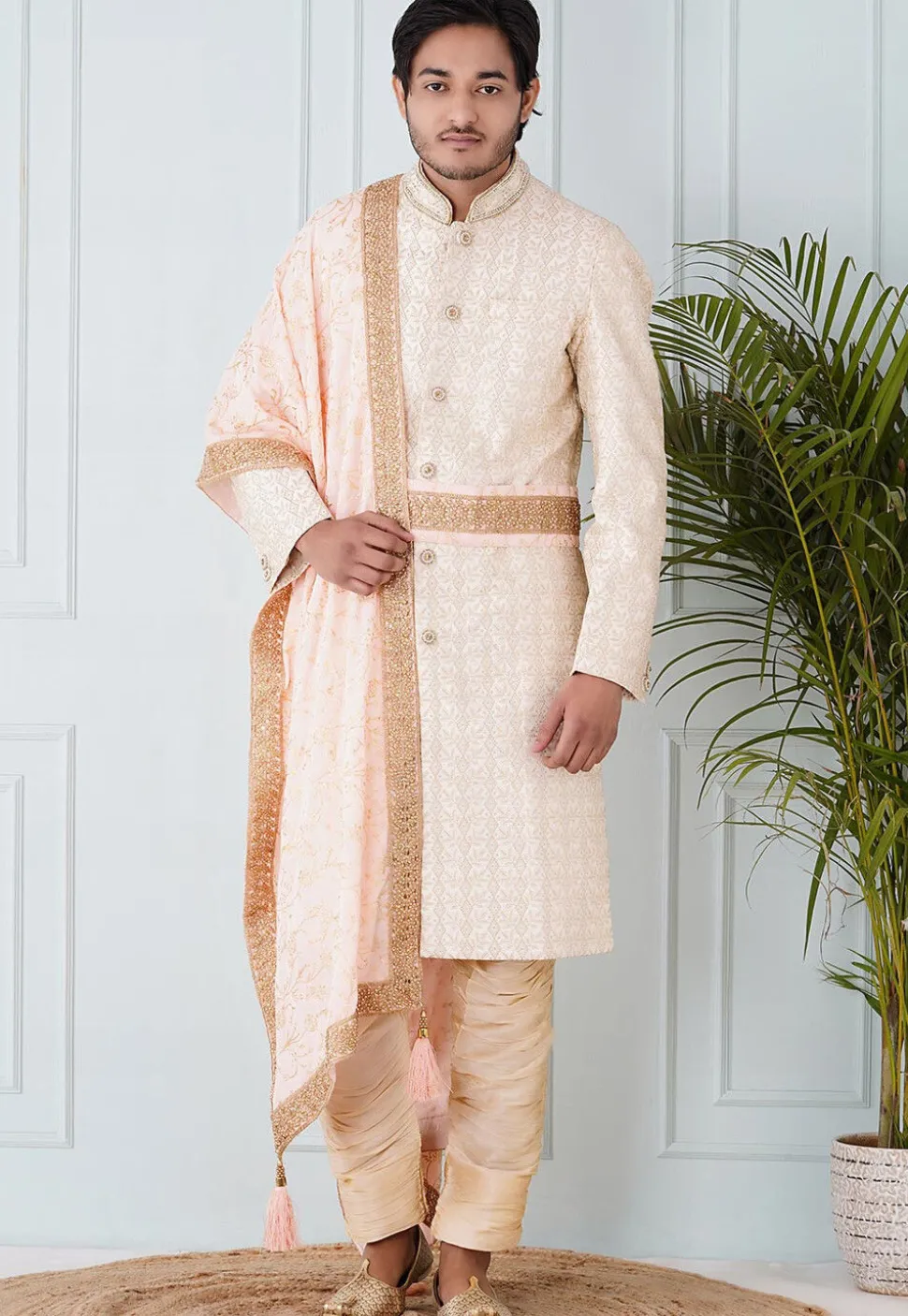 Foil Print Velvet Dupatta in Light Peach