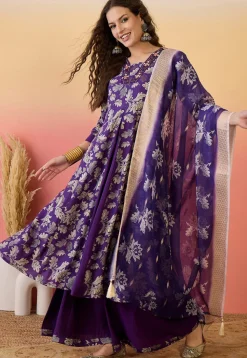 Foil Printed Art Silk Abaya Style Suit in Purple