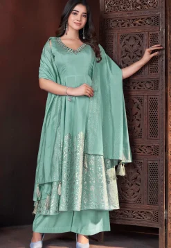 Foil Printed Art Silk Anarkali Suit in Sea Green